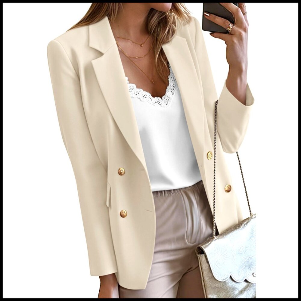 Double Breasted Blazer with Pockets, Long Sleeve Work Jacket